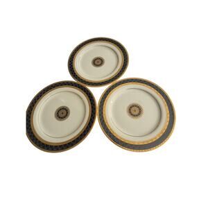 Mikasa Ventana Onyx Salad Plates Fine China 7.75 Blue Black Gold Set 3 Elegant